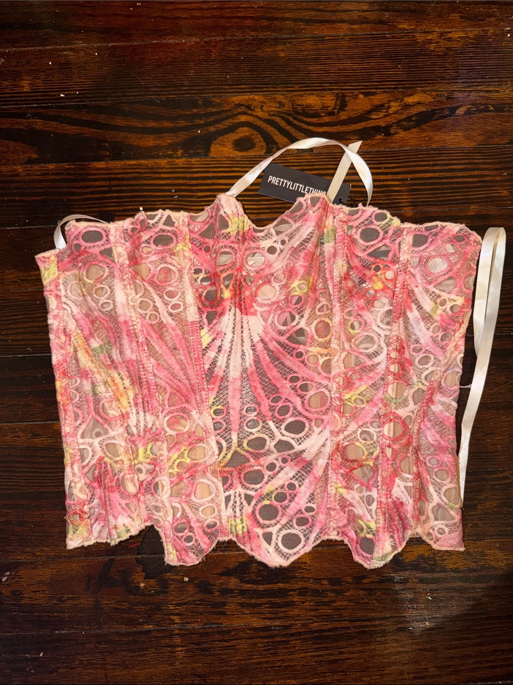 PrettyLittleThing Pink Multi Lace Corset Swim Coverup